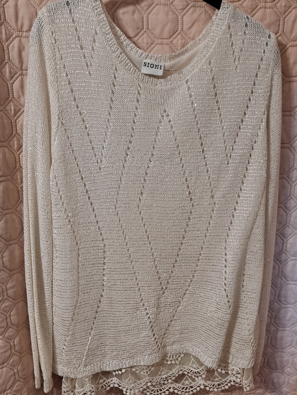 Sioni Cream Open-Knit Scoop Neck Sweater with Lace Trim Sz M